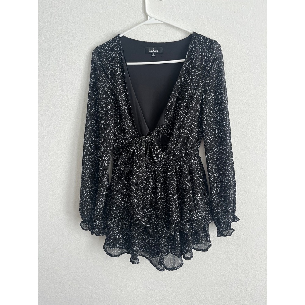 Lulus Black White Speckled Tie Front Smocked Waist Ruffle Romper Small